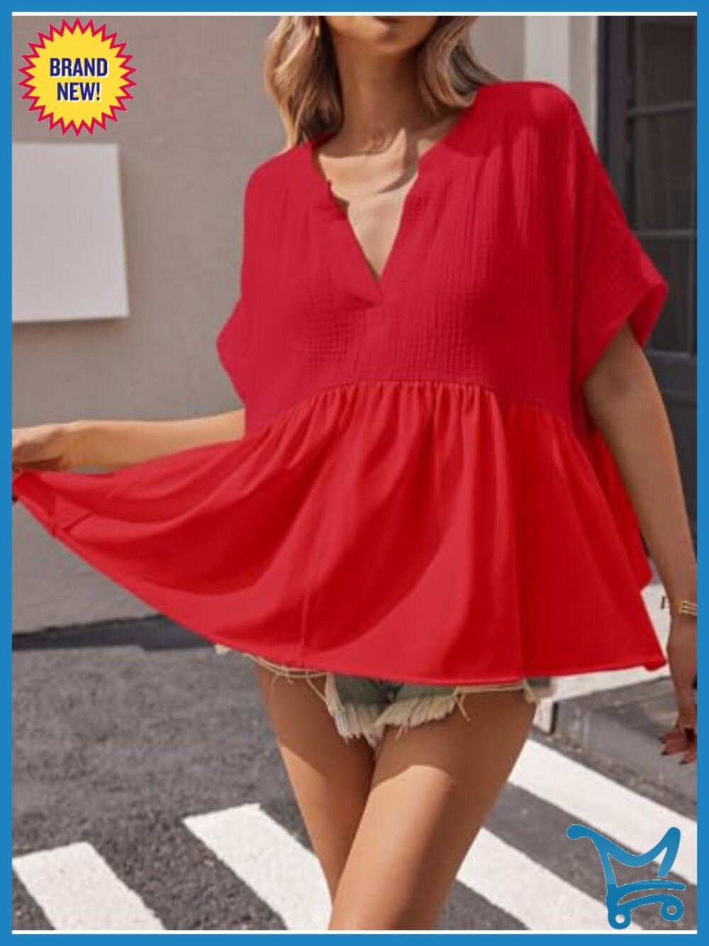 Womens Peplum Babydoll Top Summer Short Sleeve Pleated Flowy V Neck Blouse - Picture 3 of 6